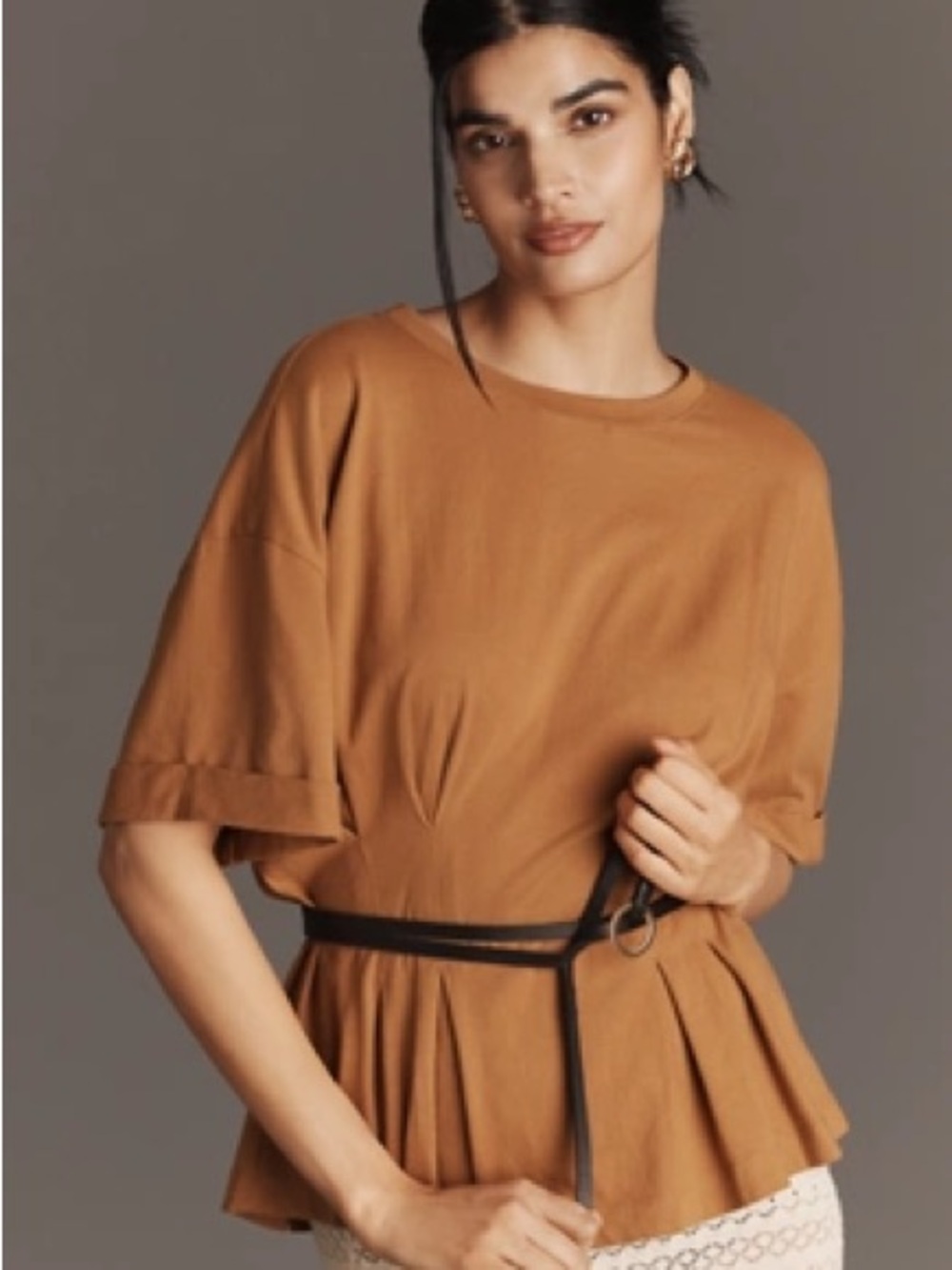 Anthropologie Women’s XL Camel Brown Pintuck Cinched Waist Tee NWT